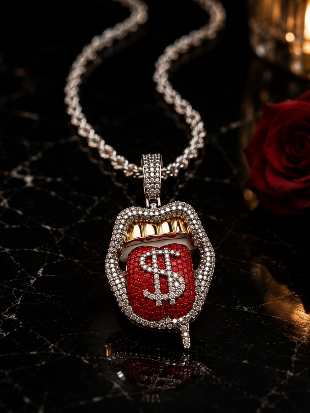 Iced Out Red Pavé Tongue Pendant Necklace with Silver and Gold Accents